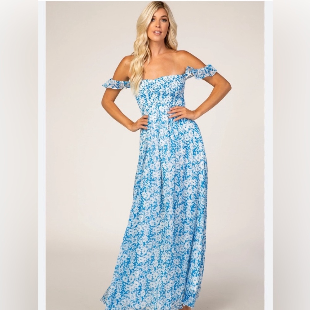 Aakaa Blue and White Off-Shoulder Floral Maxi Dress